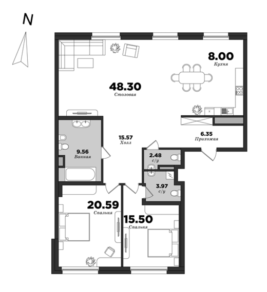 Приоритет, Корпус 1, 2 спальни, 129.52 м² | планировка элитных квартир Санкт-Петербурга | М16
